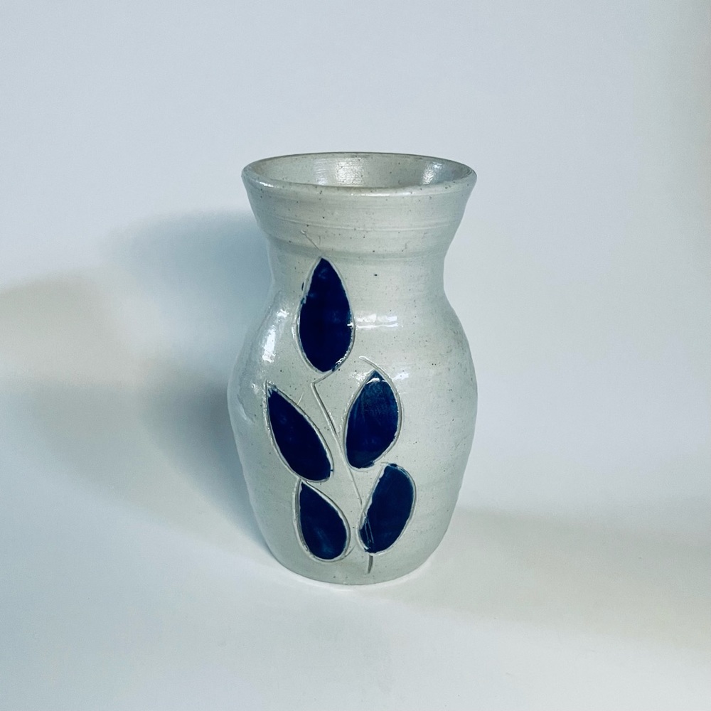 Williamsburg Pottery Artisan Vase w/Cobalt Leaves; Minimalist Style